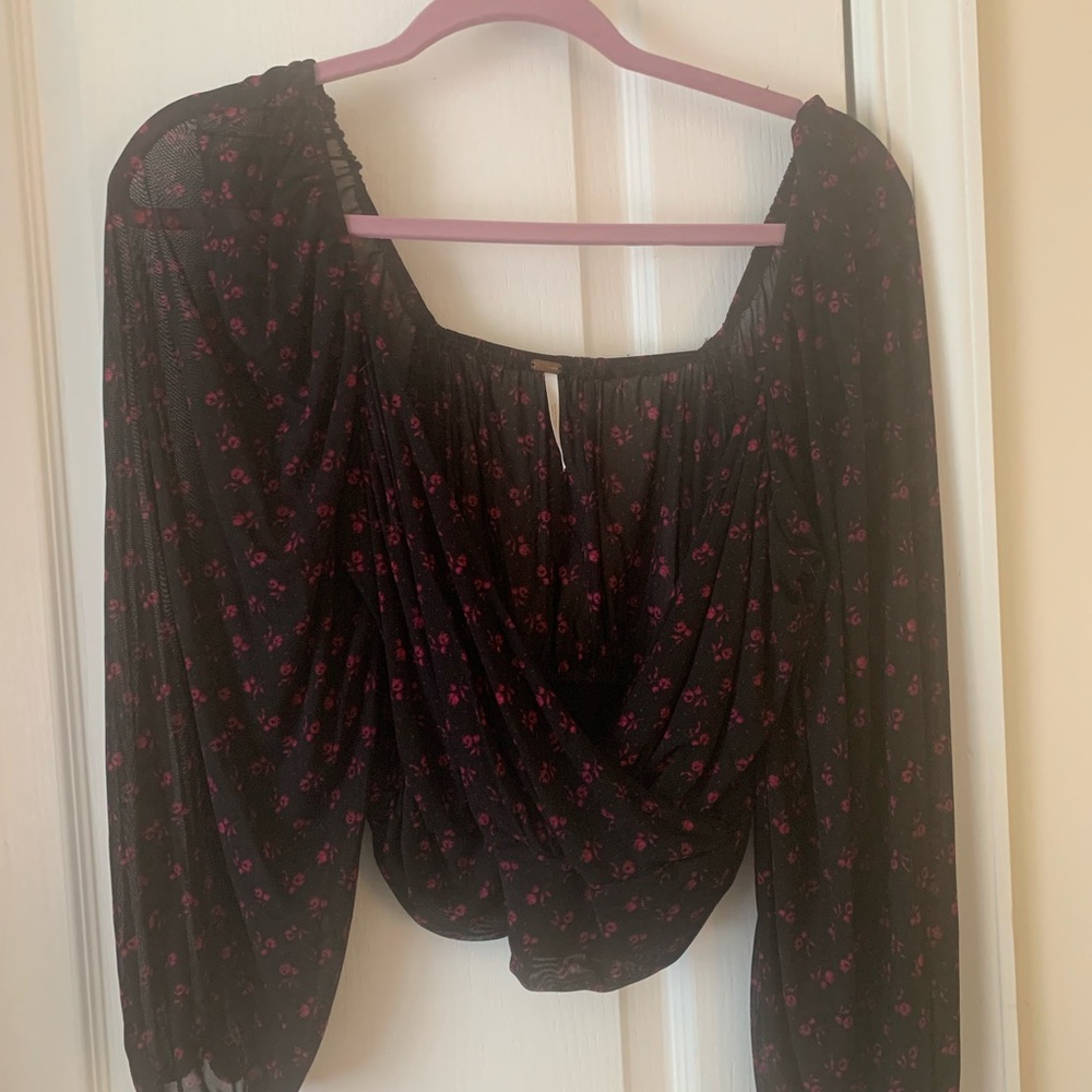 Free People Black Blouse with Pink Micro Floral Print